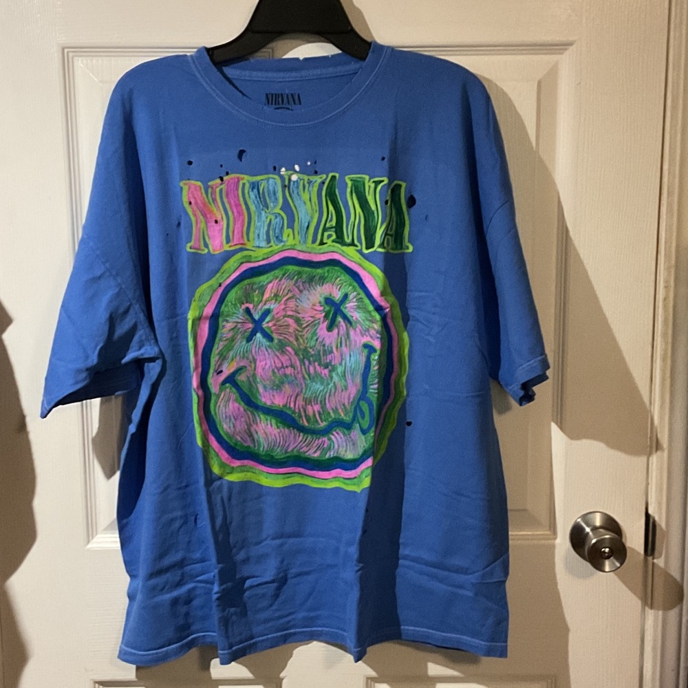 NWT NIRVANA Distressed Blue Tee with Neon Pink & Lime Graphic